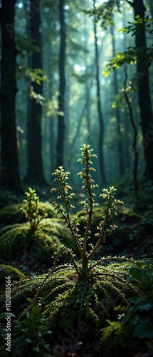 Low-light shot of forkmoss or Dicranum growing in a shaded forest area, plant life in shadow, shaded forest photo