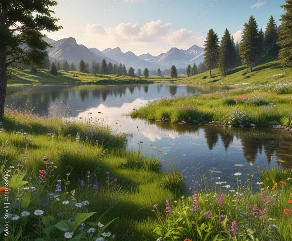 Lush green meadow with wildflowers and a serene lake in the background, wildflower fields, mountain scenery, blooming flowers Lush green meadow with wildflowers and a serene lake in the background, wildflower fields, mountain scenery, blooming flowers