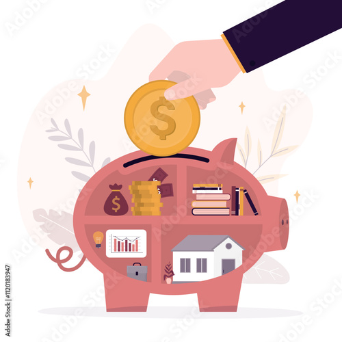 Human hand put dollar coin into piggy bank, save money concept. Money management, business. Retirement savings, capital for various targets - car, education or new house.