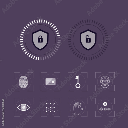 Biometric verification and authentication. Various identification systems. Shields with open and lock padlock. Access control, modern security technology.