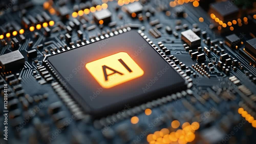 AI Chipset: The future is now. Close-up shot of an AI microchip glowing with innovation.  