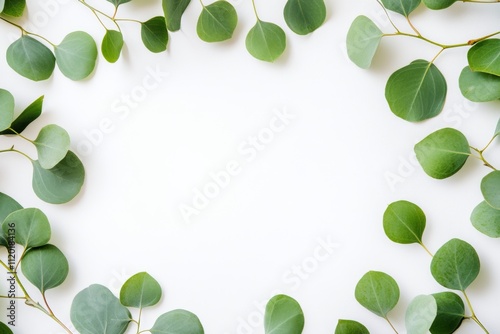 Eucalyptus branches on white background. Place for text. Green plant leaves isolated on white color. Floral layout. Horizontal botany banner mockup. Eucalyptus gunnii Silver Drop. Flat lay Top View. photo