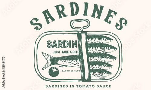 Seafood t shirt design. Canned fish artwork. Fish vintage artwork. Sardines fish artwork for t shirt print, poster, sticker and other uses. 