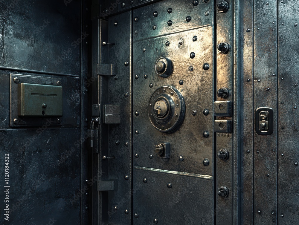 Detailed Close-Up of Heavy Metal Door with Round Lock Mechanism and Textured Surface Showcasing Industrial Design and Security Features Detailed Close-Up of Heavy Metal Door with Round Lock Mechanism and Textured Surface Showcasing Industrial Design and Security Features