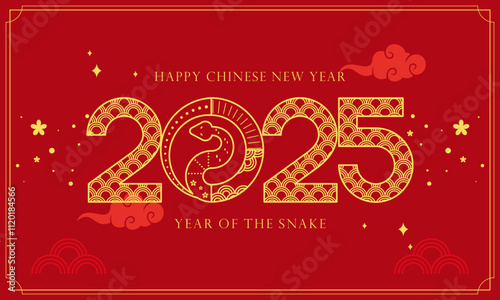 Happy Lunar New Year! Chinese New Year 2025: Year of the Snake Zodiac on a Red Background Illustration