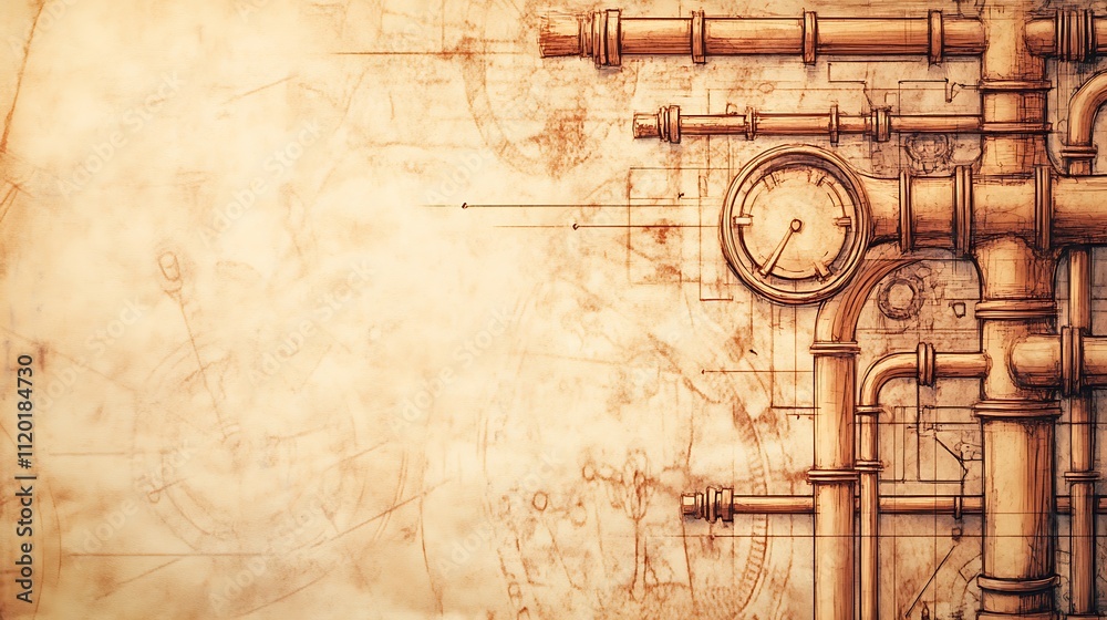 Fototapeta premium Steampunk background with copper pipes, clock, and blueprint.