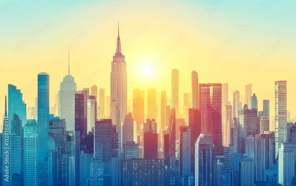 Fototapeta premium Sunrise over a vibrant New York City skyline with towering skyscrapers and warm colors