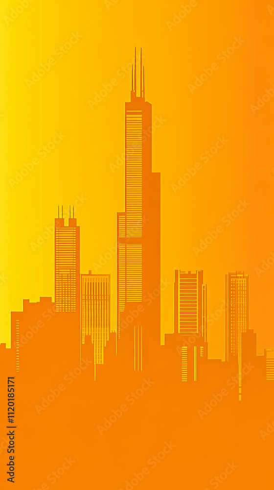 Fototapeta premium City skyline silhouette against a vibrant orange sunset over urban landscape
