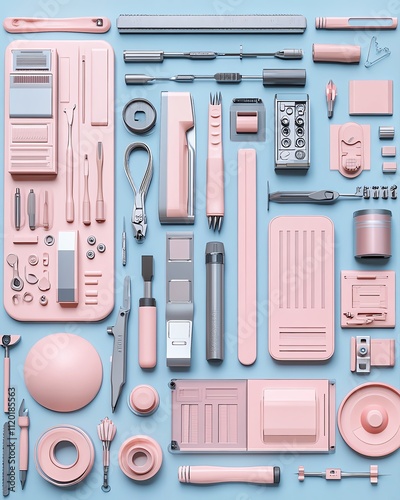 CuttingEdge Product Development a flatlay view of tools and gadgets arranged symmetrically, showcasing development stages, in a soft, pastel palette