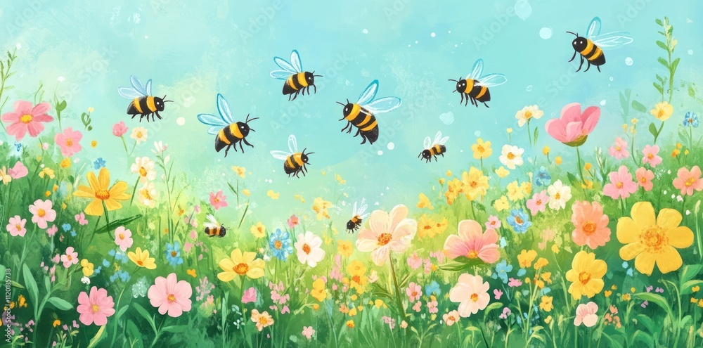 Obraz premium Bumblebees Flying Over A Colorful Wildflower Meadow