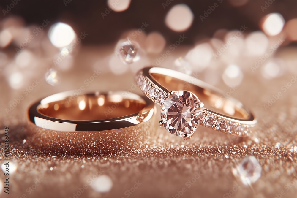 2025 color rose gold rings and jewelry with crystal gems in muted mocha brown color flying on a muted mocha brown background
