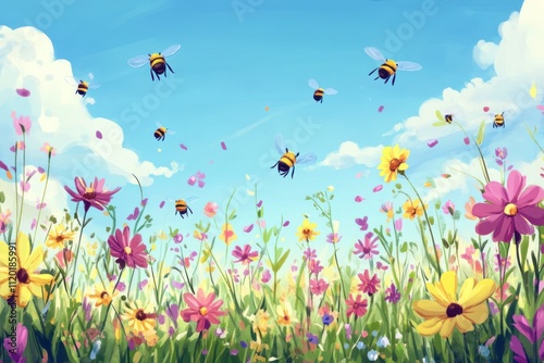 Bumblebees Flying Over A Vibrant Wildflower Meadow