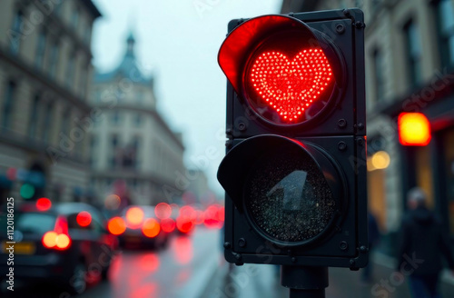 A unique red traffic light shaped like a heart stands prominently at a busy city intersection during rain