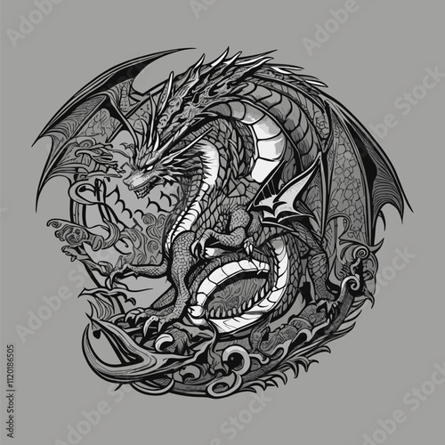 Wallpaper Mural Intricate Black and White Dragon Illustration with Celtic Motifs Torontodigital.ca