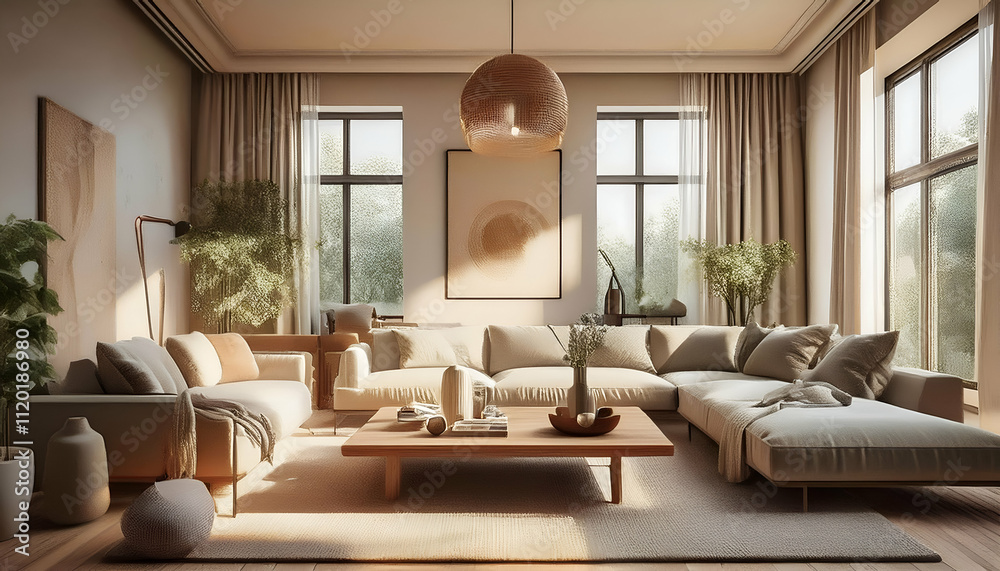 Fototapeta premium modern scandinavian living room, 3d render sunny bright interior, plaster wood texture,s minimalist design, stylish lighting cozy functional decor, realistic textures