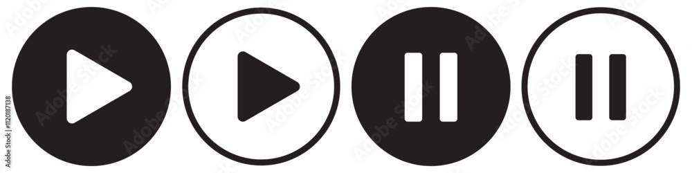 Play and pause icon set isolated on white background. Media player button icons set.