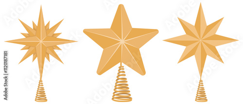 Christmas tree topper in shape of golden star. Flat vector illustration isolated on white background.  Winter holiday decoration.
