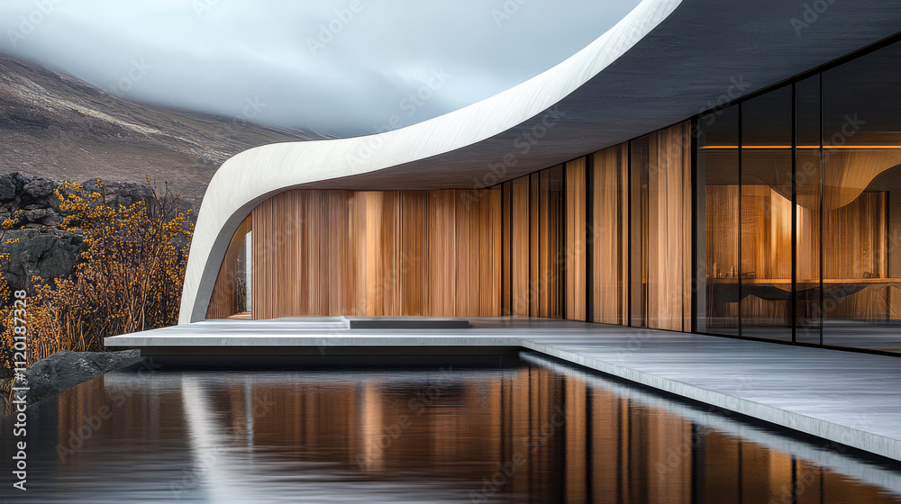Obraz premium Modern architectural design featuring curved lines and natural surroundings in Iceland