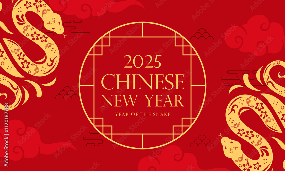 Fototapeta premium Happy Lunar New Year! Chinese New Year 2025: Year of the Snake Zodiac on a Red Background Illustration