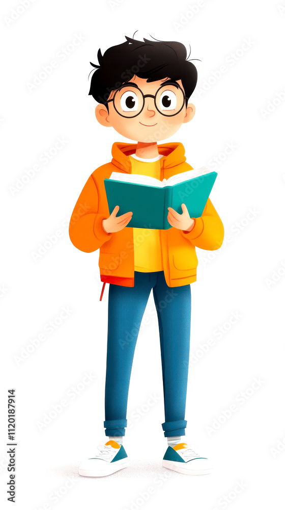 A young boy with glasses stands reading a book, wearing a colorful jacket and casual pants, reflecting a love for learning and creativity. A young boy with glasses stands reading a book, wearing a colorful jacket and casual pants, reflecting a love for learning and creativity.