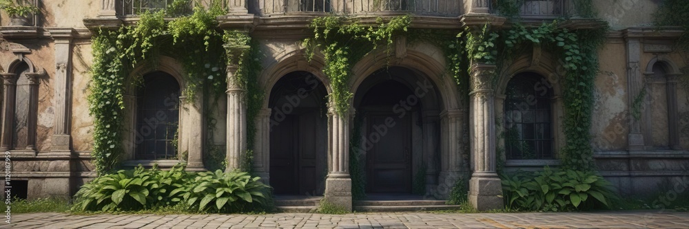 Fototapeta premium Overgrown entrance of an ancient building with vines and creepers , tree roots, tangled vines