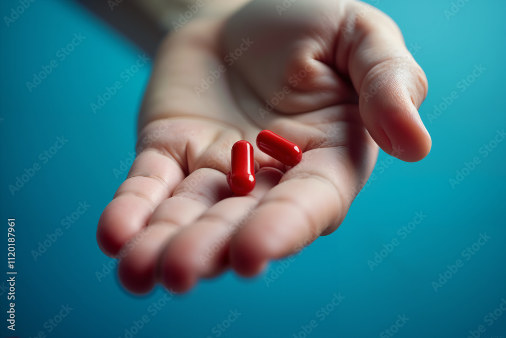 A hand holds two red capsules against a blue background. The capsules are oblong and glossy, resting on the palm. A hand holds two red capsules against a blue background. The capsules are oblong and glossy, resting on the palm.