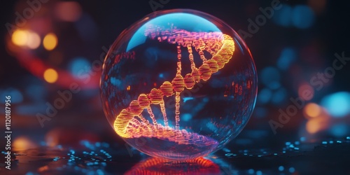 Genetic research data sphere, translucent neon bars in soft biological colors, DNA-inspired holographic projection, advanced scientific visualization, crisp UHD detail photo