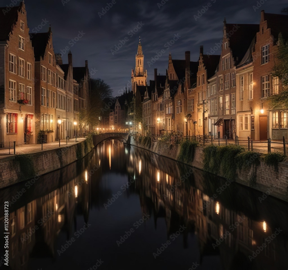 Fototapeta premium Panoramic long exposure of Bruges canals at night, panoramic shot, Bruges canals