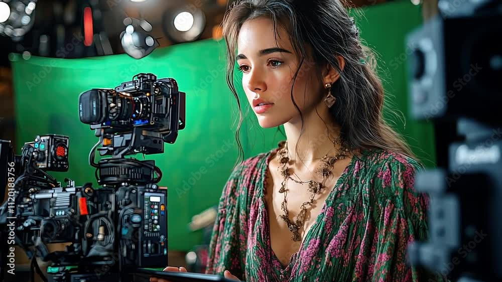 Behind the Scenes: A young woman, focused and passionate, gazes through the lens of a professional camera, ready to capture the perfect shot. Behind the Scenes: A young woman, focused and passionate, gazes through the lens of a professional camera, ready to capture the perfect shot.