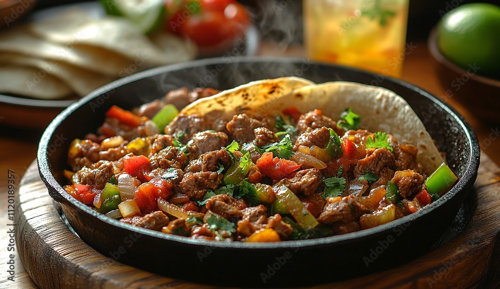 A sizzling skillet of savory ground beef, peppers, and onions, topped with fresh cilantro and served with a warm tortilla. A delicious and hearty meal. A sizzling skillet of savory ground beef, peppers, and onions, topped with fresh cilantro and served with a warm tortilla. A delicious and hearty meal.