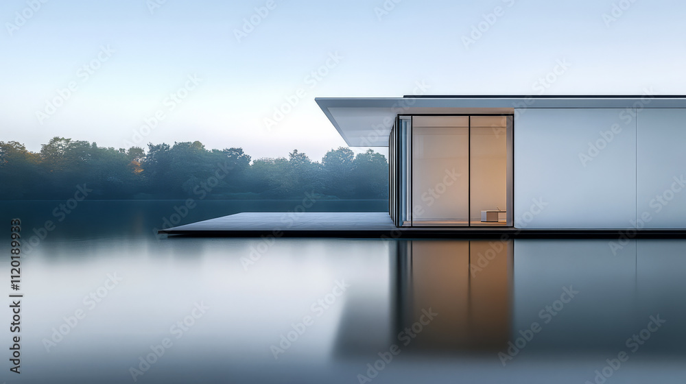 Fototapeta premium Modern lakeside architecture with minimalist design at dawn