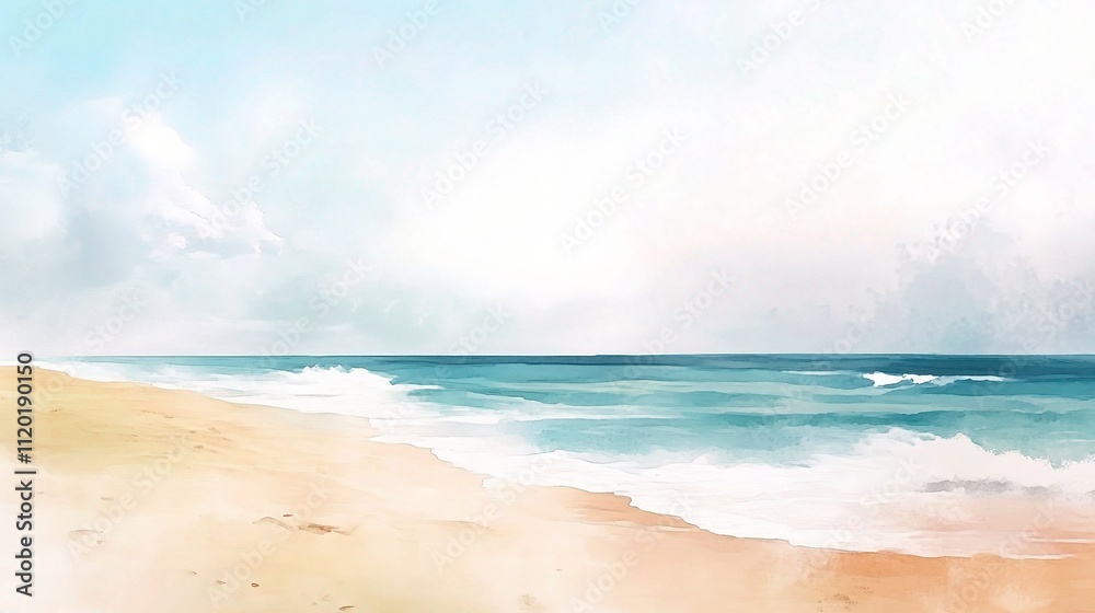 Serene Watercolour Beach Scene with Gentle Waves and Summer Vibes Serene Watercolour Beach Scene with Gentle Waves and Summer Vibes
