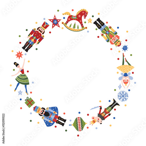Christmas wreath with cute motifs from the ballet Nutcracker. Vector template. Retro design.