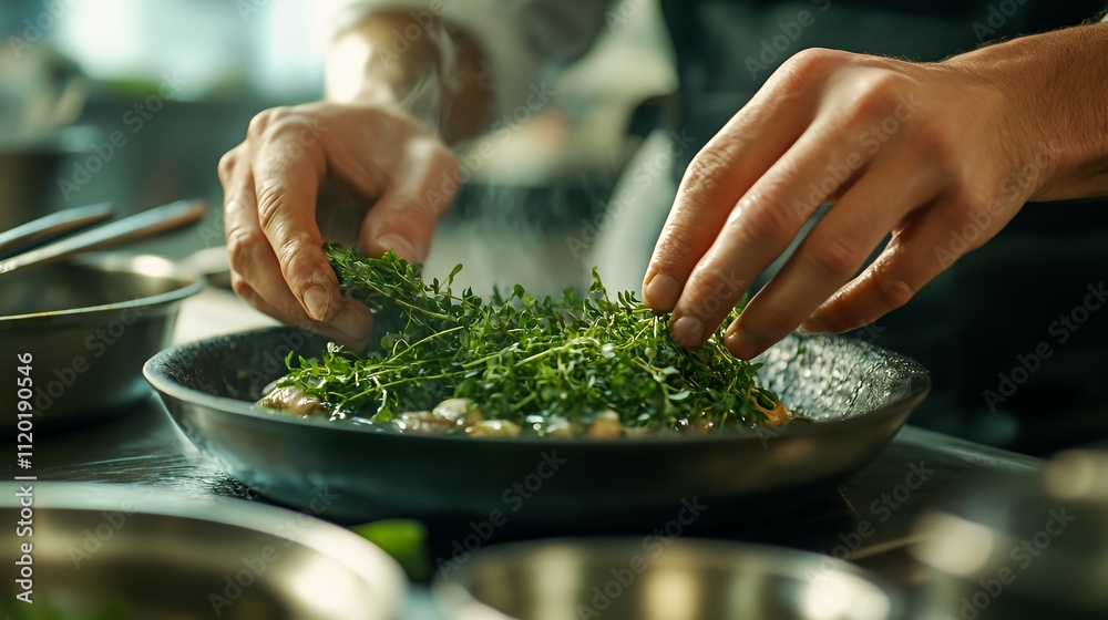 Chef Preparing a Gourmet Dish With Fresh Herbs in a Bustling Kitchen Environment