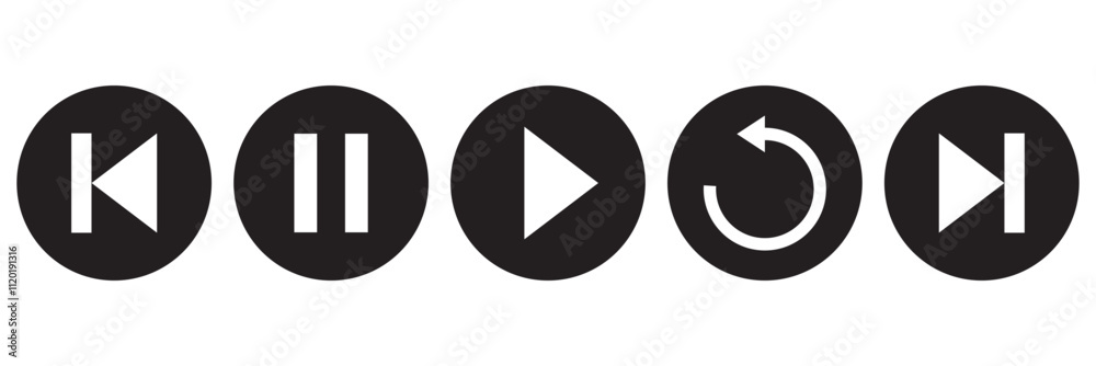 Play, pause, previous, next track, replay and stop buttons. Play button set. Play, pause, previous, next track, replay and stop buttons. Play button set.
