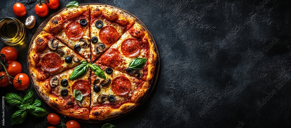 A delicious pepperoni pizza with mushrooms and olives, ready to be enjoyed. A delicious pepperoni pizza with mushrooms and olives, ready to be enjoyed.