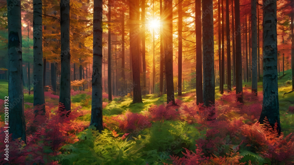 modern digital art representing a summer forest with abstract light and shadows capturing the mood of a sunrise in artistic style modern digital art representing a summer forest with abstract light and shadows capturing the mood of a sunrise in artistic style
