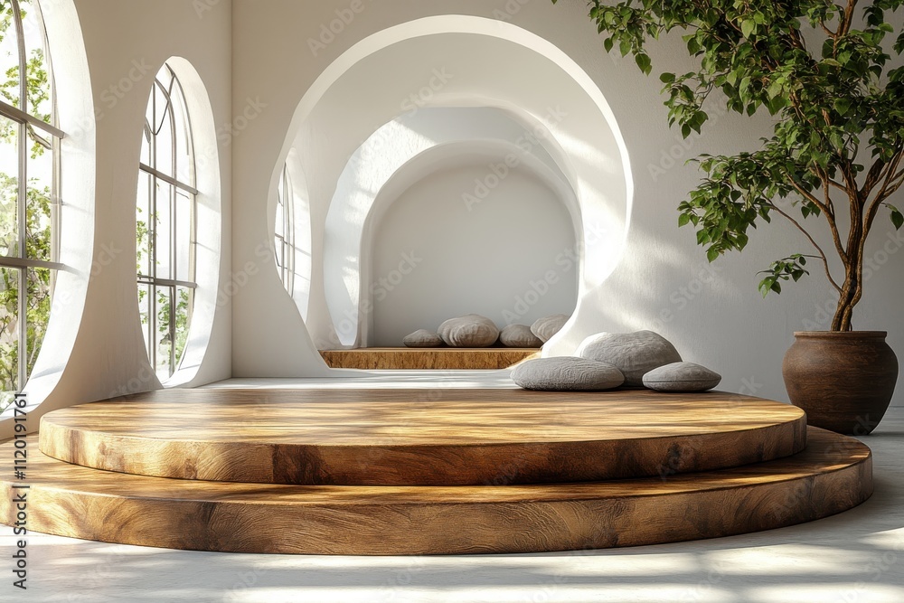 A serene, modern interior with wooden platforms and natural light. A serene, modern interior with wooden platforms and natural light.