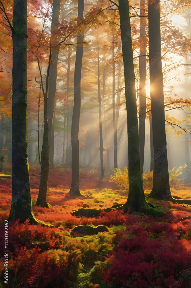 abstract nature-inspired scenery with warm and cool tones in a sunrise forest featuring geometric textures and radiant colors