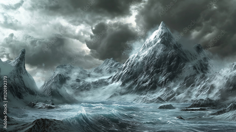 Frozen Mountain Landscape. Concept of a cold, desolate, and majestic winter wonderland. Frozen Mountain Landscape. Concept of a cold, desolate, and majestic winter wonderland.