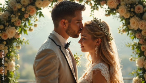 Wedding couple sharing a romantic moment, wedding day,  kiss on forehead
