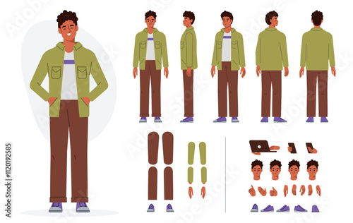 Casual boy character constructor for animation. Front, side and back view set. Body parts, postures, poses collection. Vector illustration.