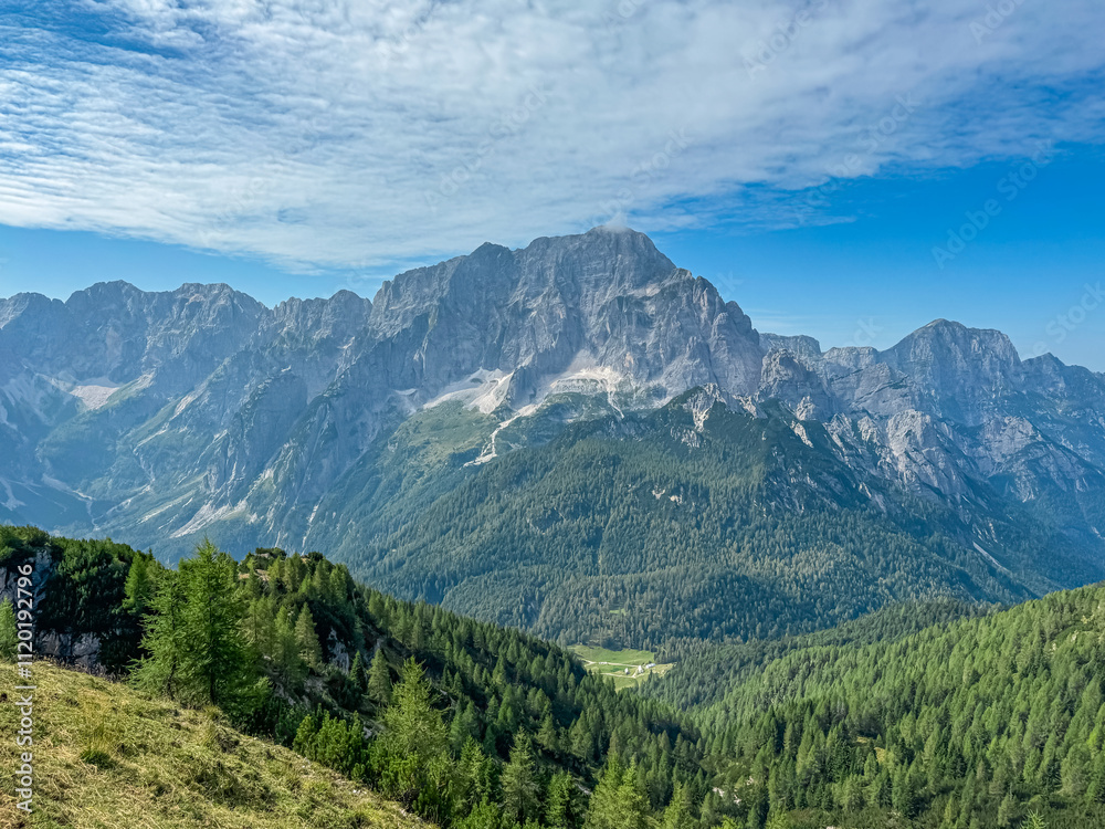Obraz premium Scenic view of rugged mountain peak Jof di Montasio surrounded by coniferous forest. Majestic ridges of Julian Alps in Somdogna, Friuli Venezia Giulia, Italy. Wanderlust in Italian Alps in summer. Awe
