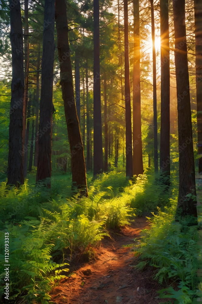 Fototapeta premium dynamic composition of a forest at sunrise with creative geometric overlays capturing the beauty of nature in abstract forms