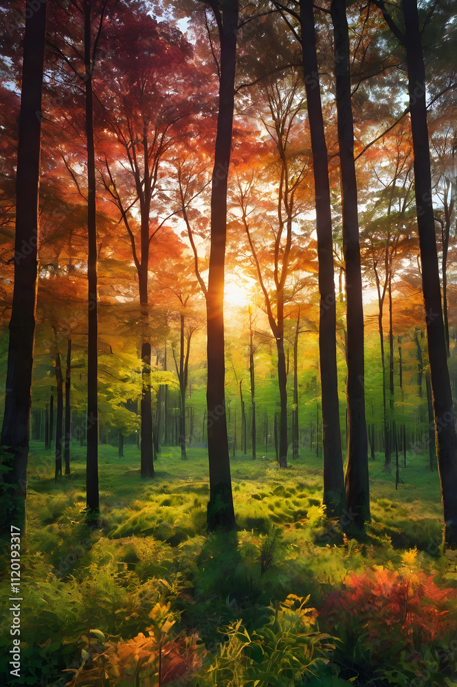 Fototapeta premium dynamic composition of a forest at sunrise with creative geometric overlays for digital art projects