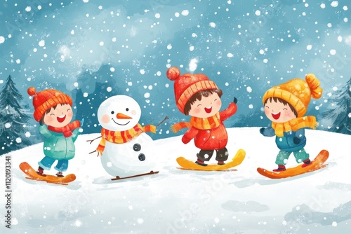 Happy children snowboarding with snowman during snowfall