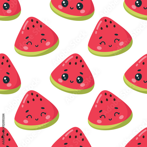 Vector seamless pattern with cute watermelon slices on white background.