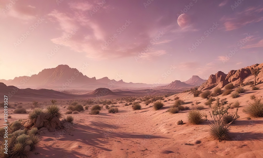 Naklejka premium Soft pink and peach tones illuminate the desert landscape as day gives way to night , landscape, desert, sunset