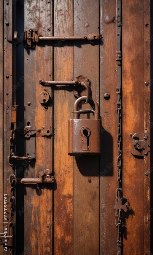 Rusty, old, iron door with a large, rusty padlock and chain, rusty, padlock, door Rusty, old, iron door with a large, rusty padlock and chain, rusty, padlock, door