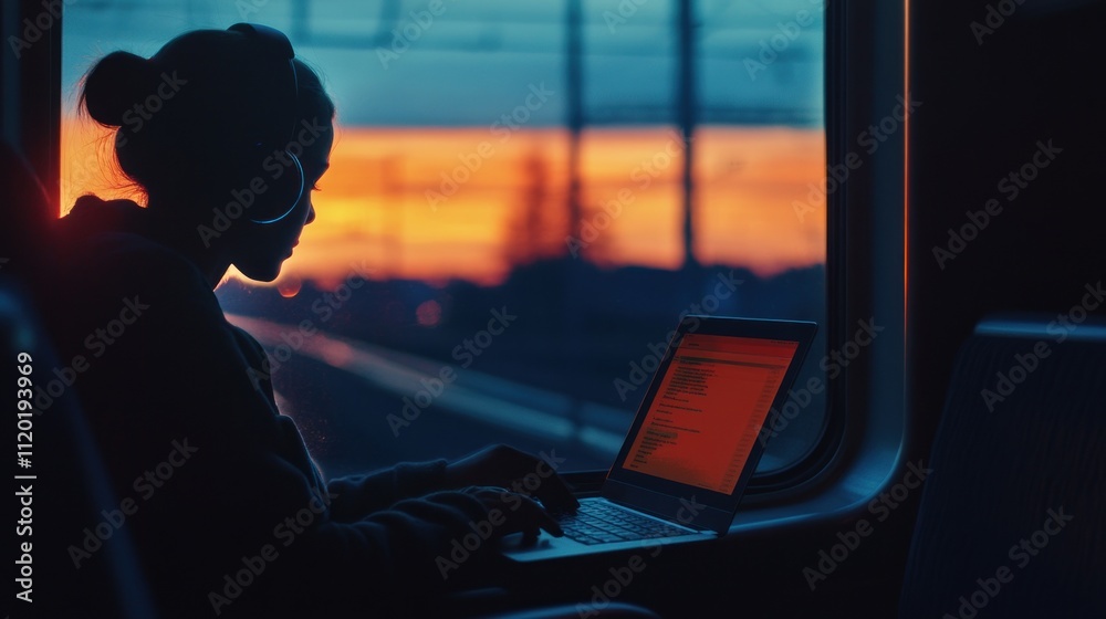 Woman using laptop on train at sunset. Woman using laptop on train at sunset.